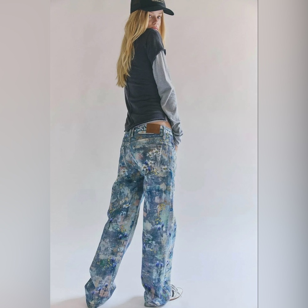 Free People We The Free Tennessee Low-Rise Illusions Jeans Floral Canvas 27 NEW
